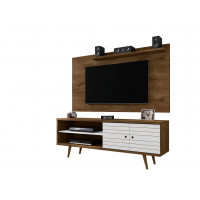 Manhattan Comfort 221-201AMC96 Liberty 62.99 Mid-Century Modern TV Stand and Panel with Solid Wood Legs in Rustic Brown and White